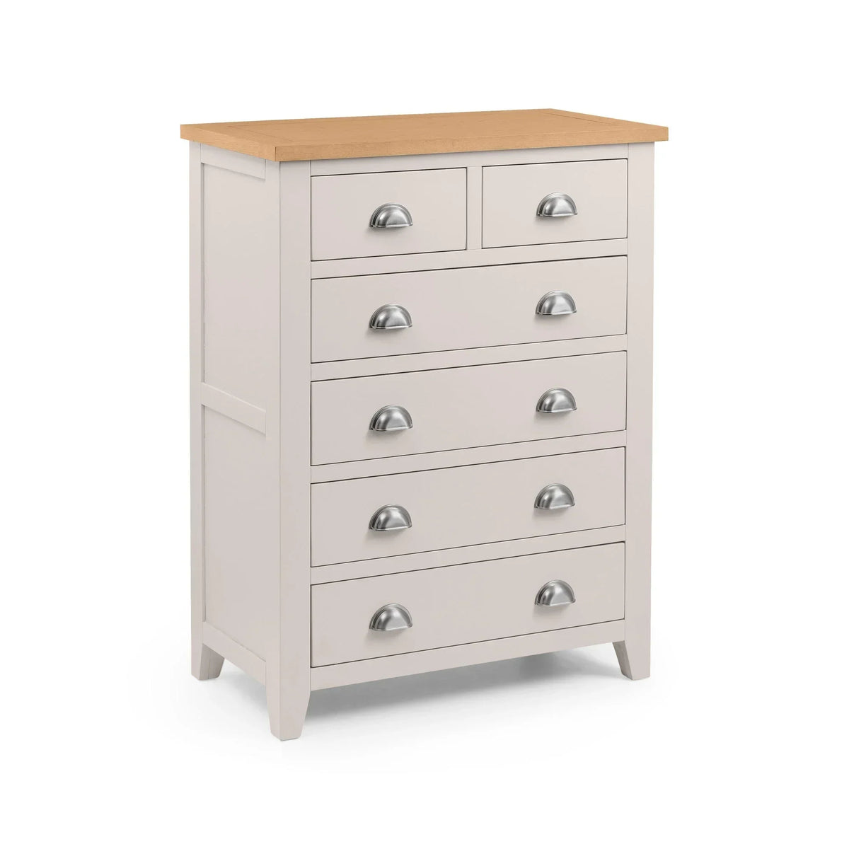 Six drawer chest with grey finish, natural wood top and metal cup handles