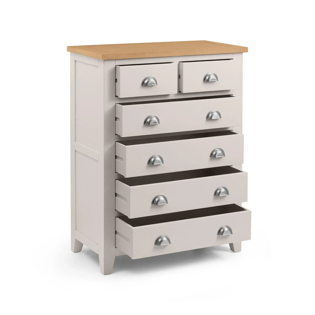 White chest of drawers with oak top and silver handles, some drawers partially open