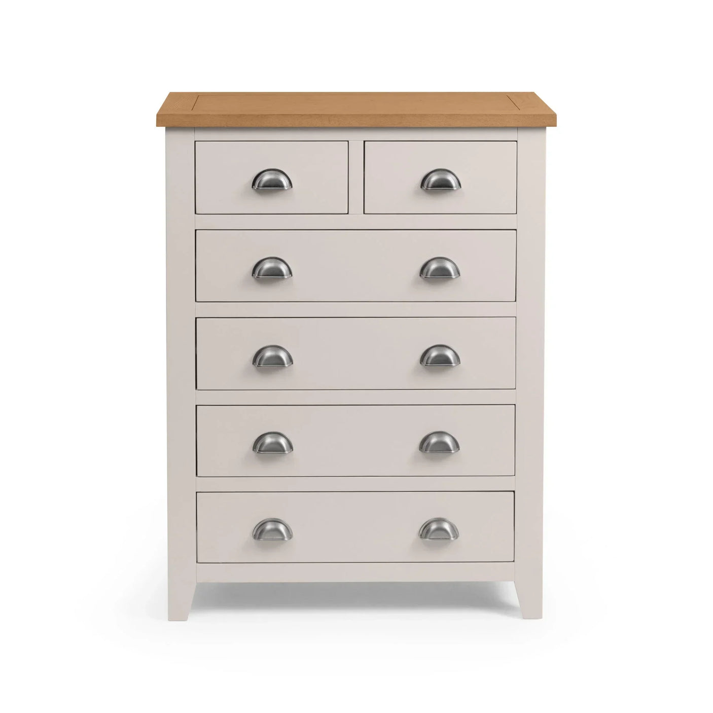 Cream chest of drawers with oak top and silver handles, shown from the front