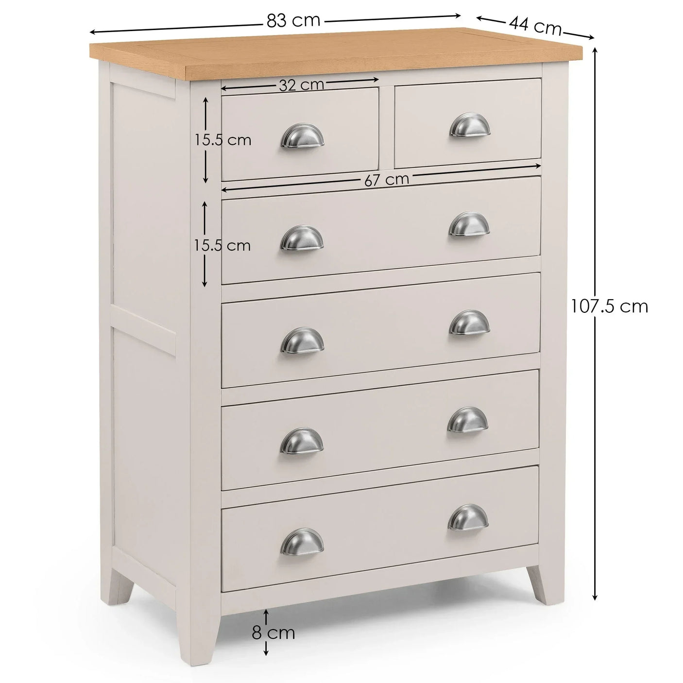 Cream chest of drawers with silver handles, oak top, and detailed dimensions shown
