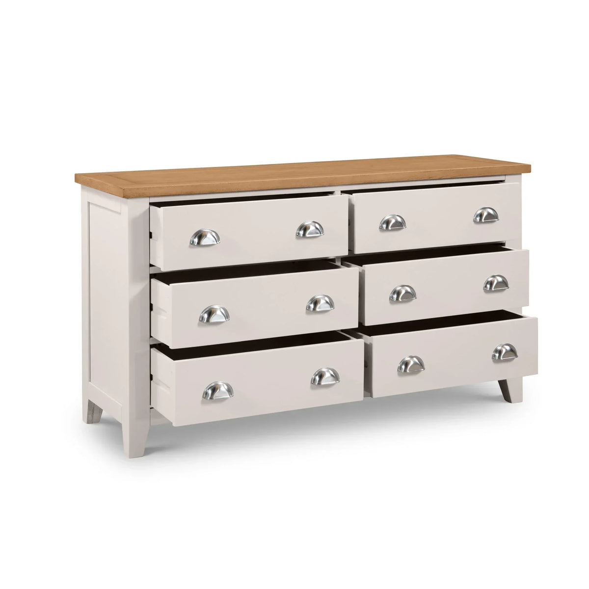 Six drawer cream chest with oak top and silver handles, drawers partially open