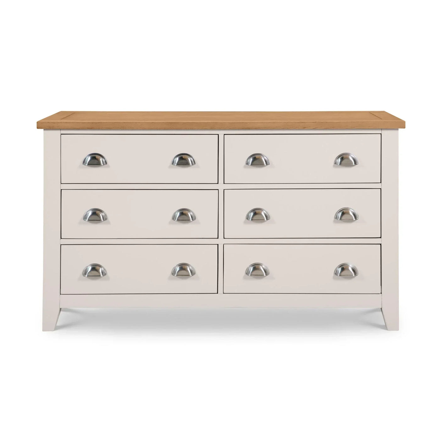Six drawer chest with light wood top and cream finish, metal cup handles, front view