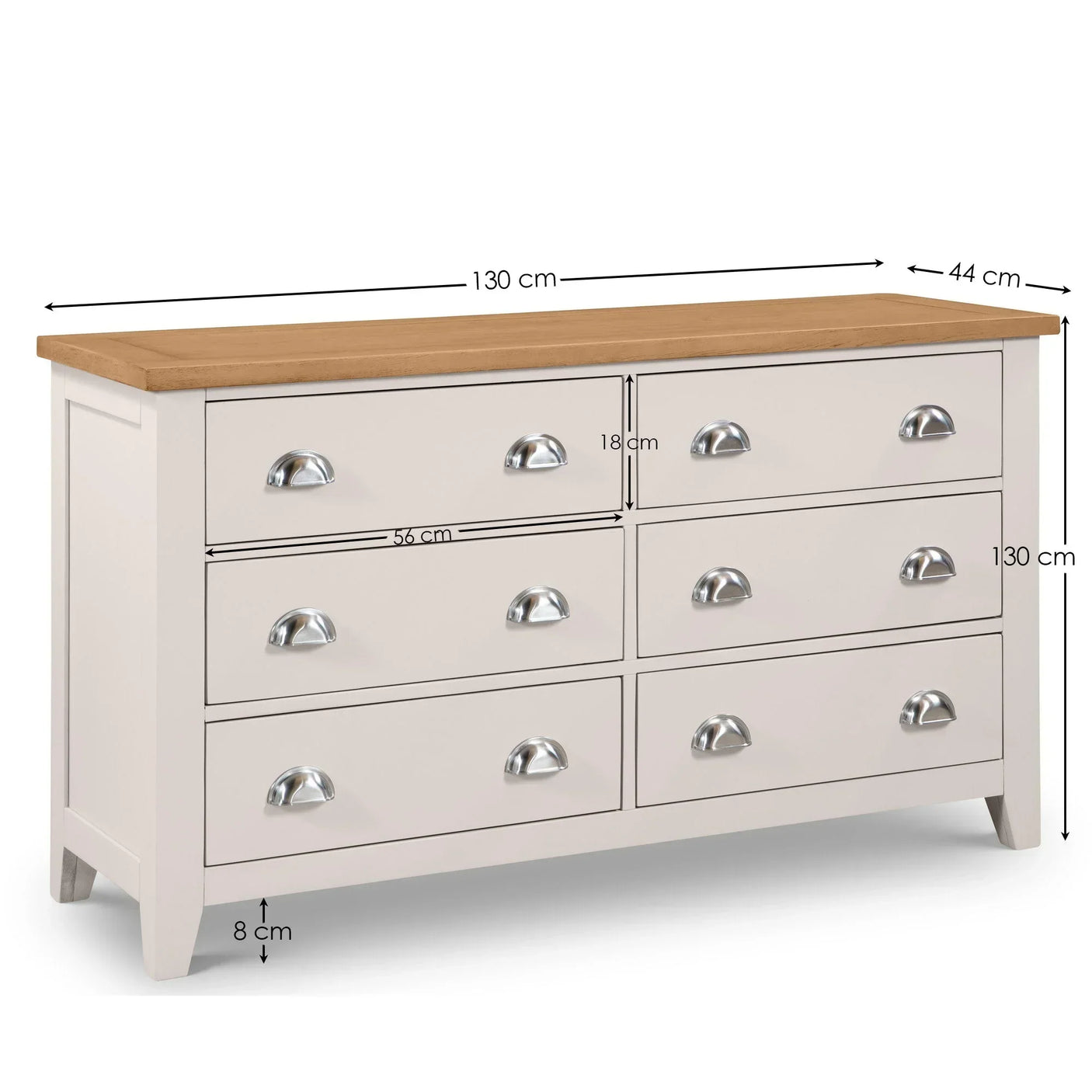 Wide chest of drawers with oak top, cream finish, silver handles, clear size measurements shown