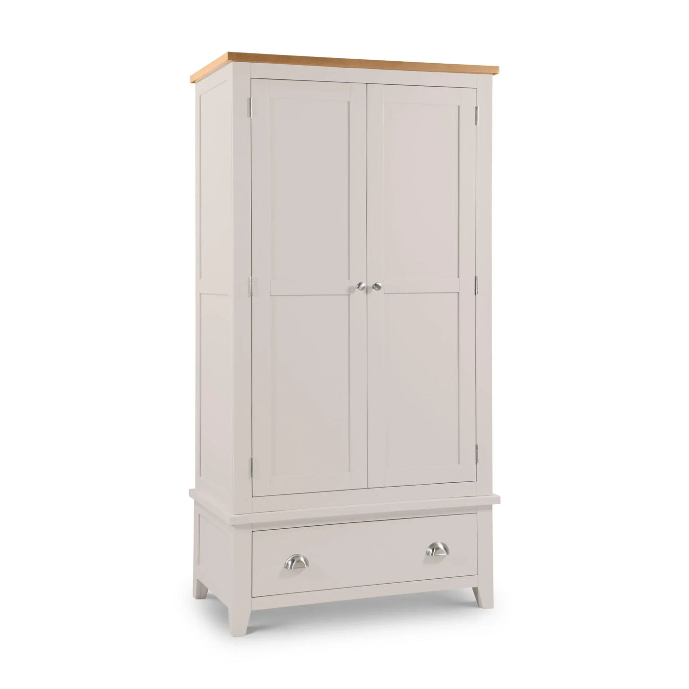 Cream wardrobe with shaker doors, single drawer and natural wood top, front angle view