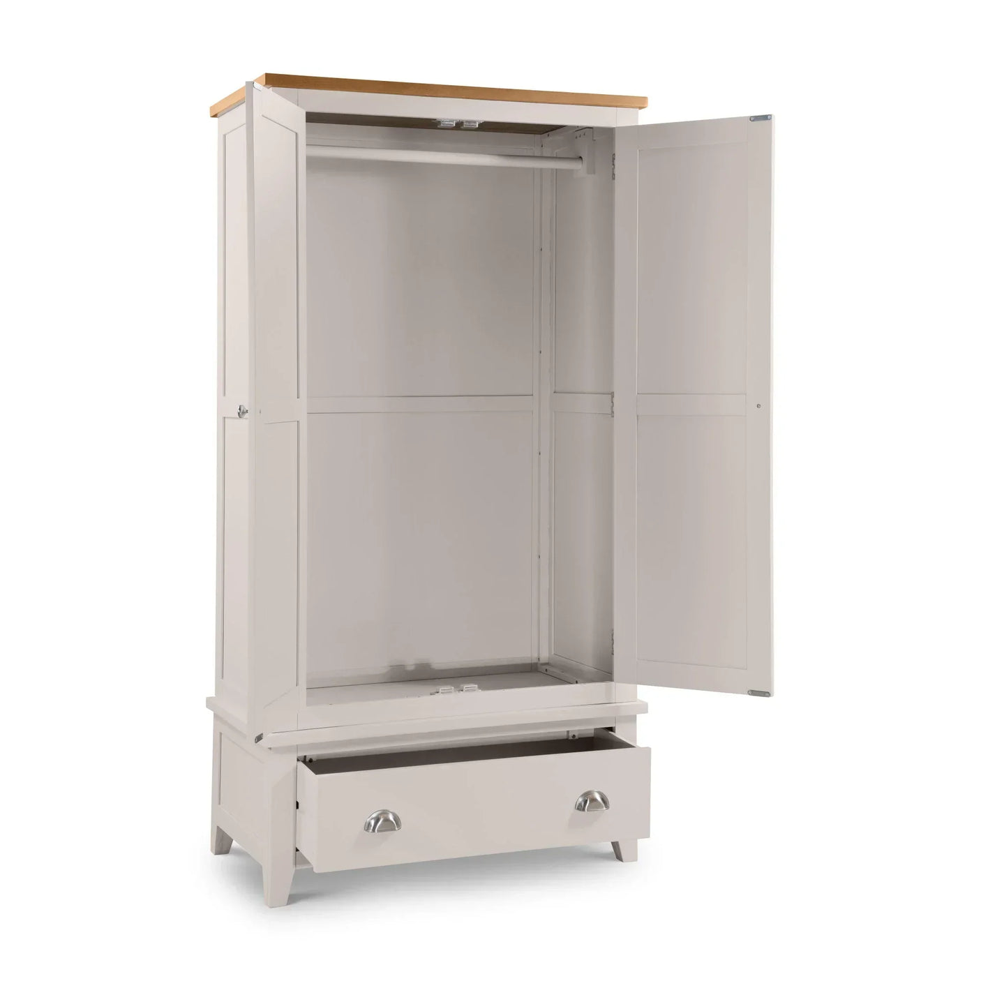 Grey wooden wardrobe with open doors, hanging rail and bottom storage drawer, oak top
