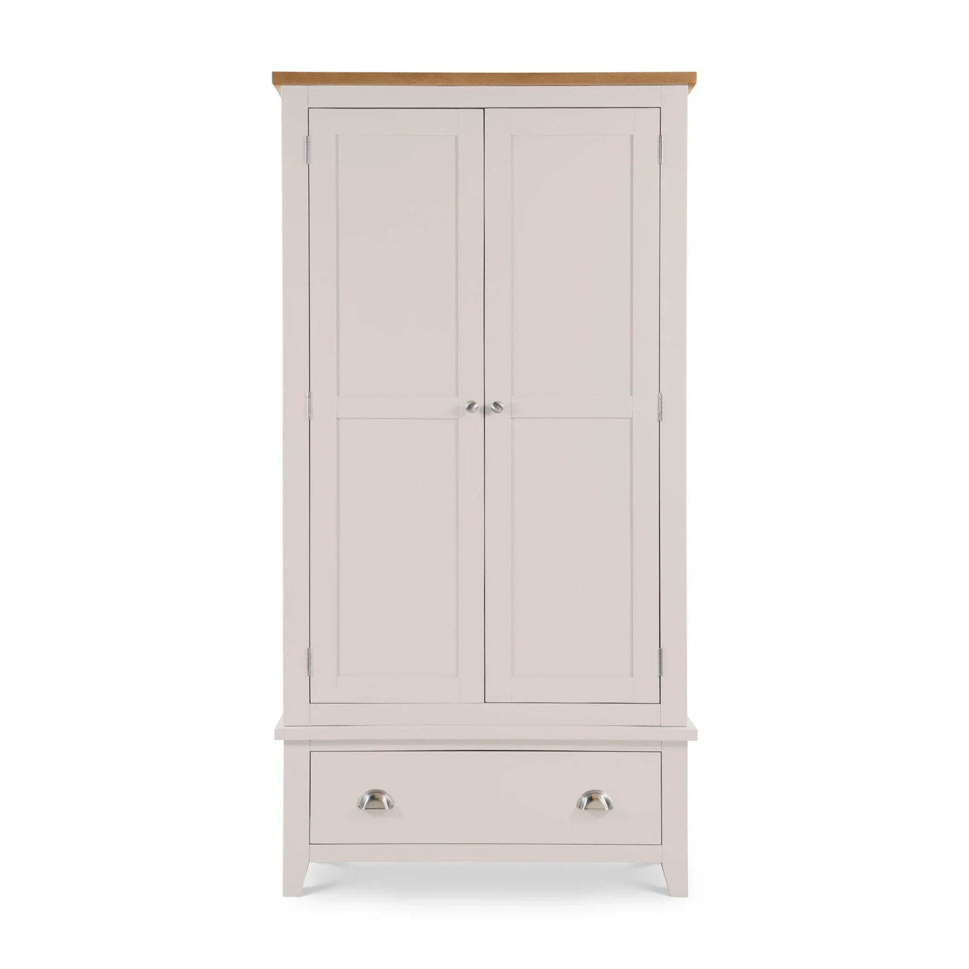 Cream wardrobe with two doors, metal handles and a single large drawer, oak top panel