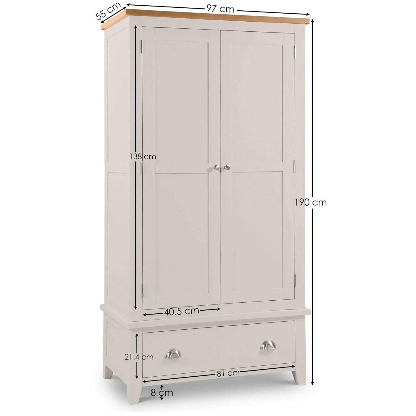 White wooden wardrobe with two doors, lower storage drawer, and visible size dimensions