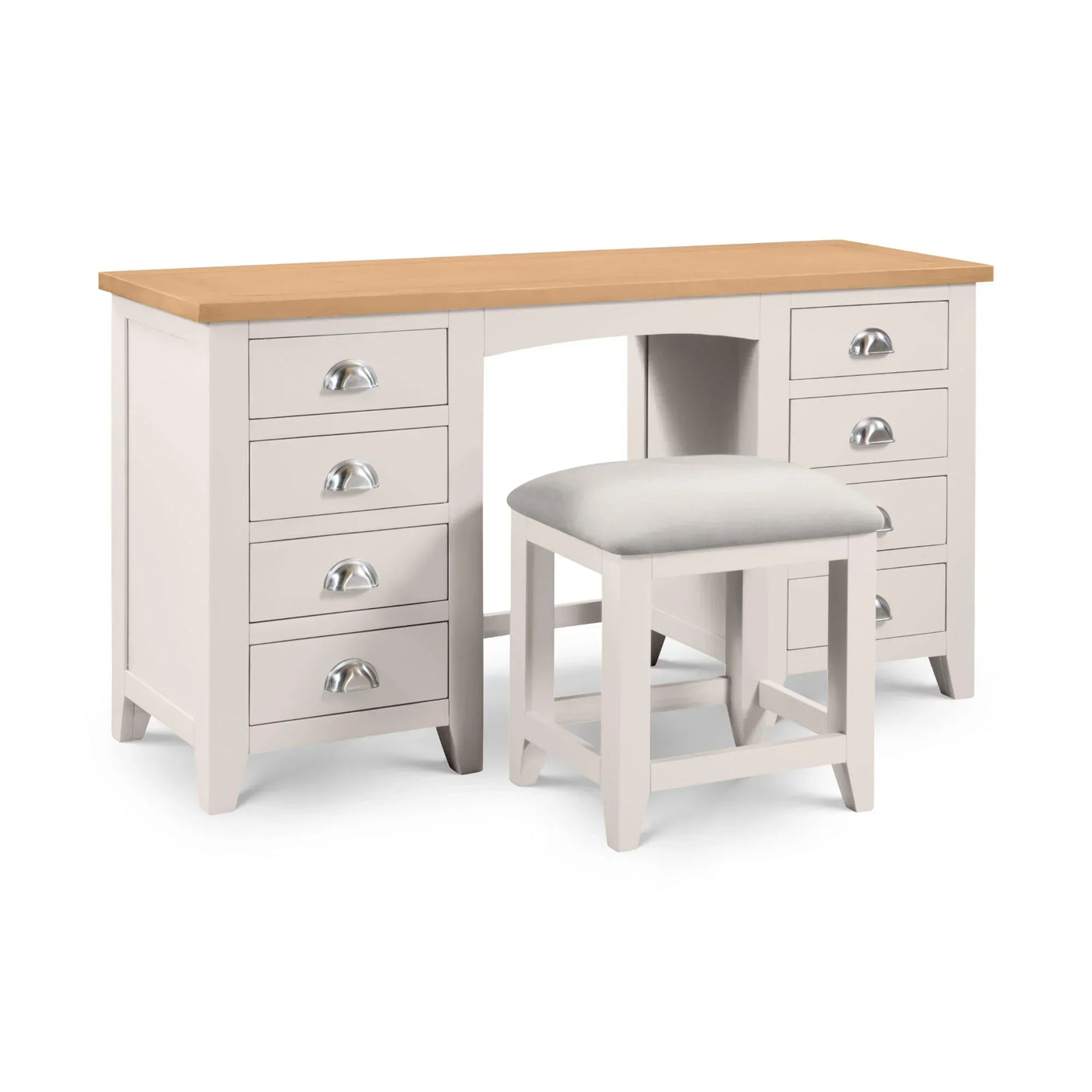 White dressing table with nine drawers and matching cushioned stool, oak top finish