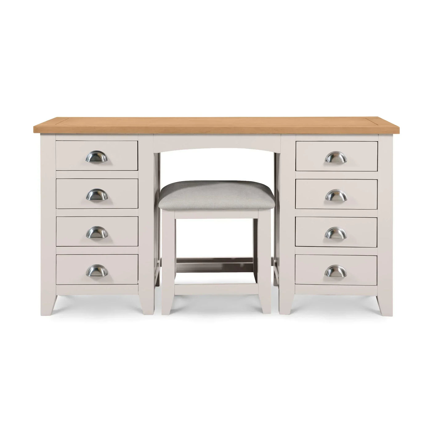 Cream dressing table with oak top, six drawers, and matching padded stool
