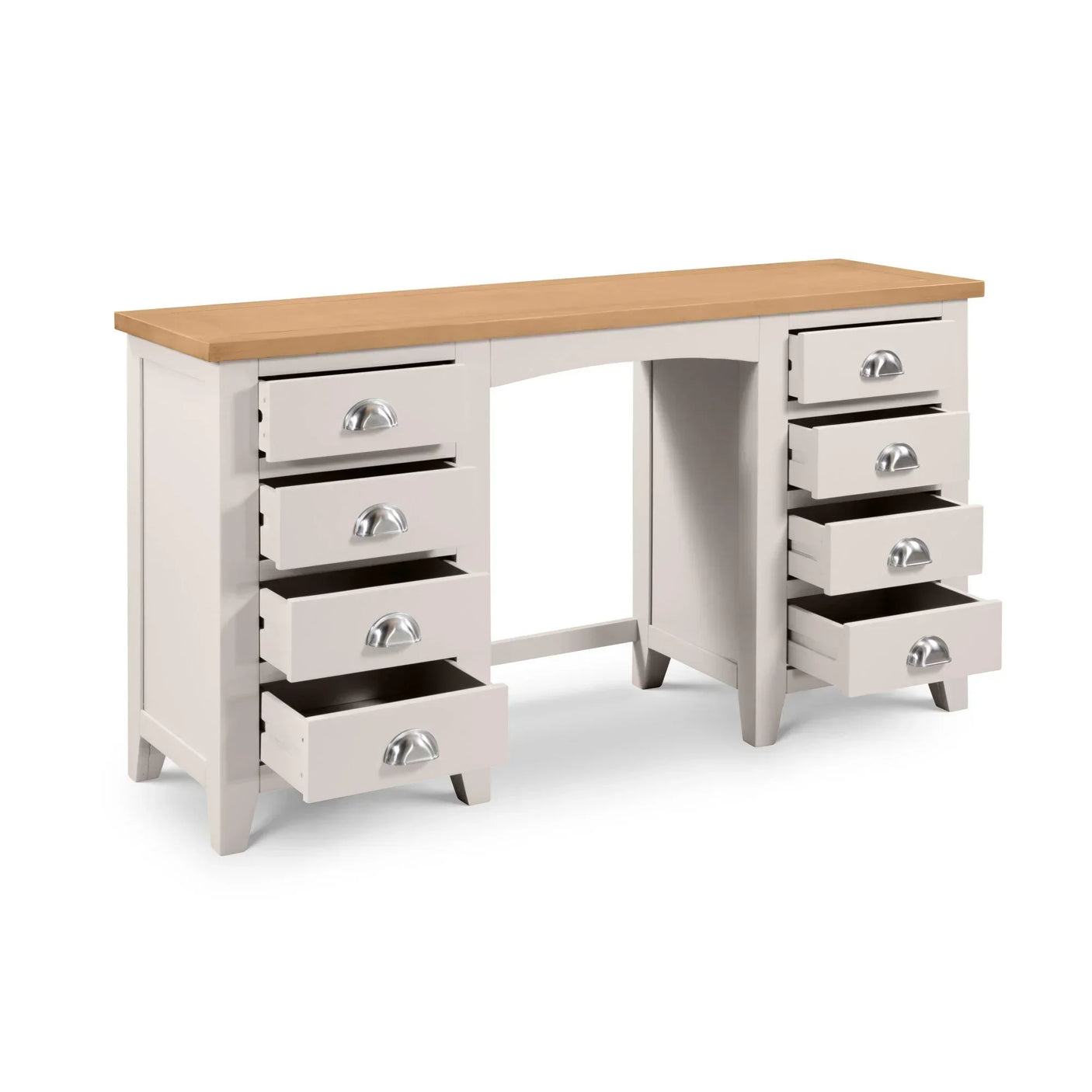 Beige dressing table with oak top and eight drawers opened, angled front view