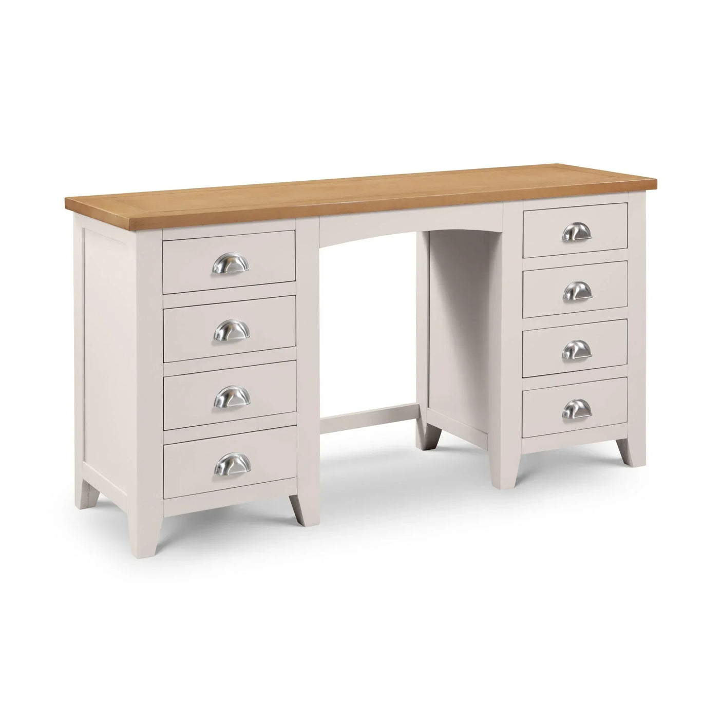 Cream dressing table with oak top and eight drawers, silver cup handles, front view