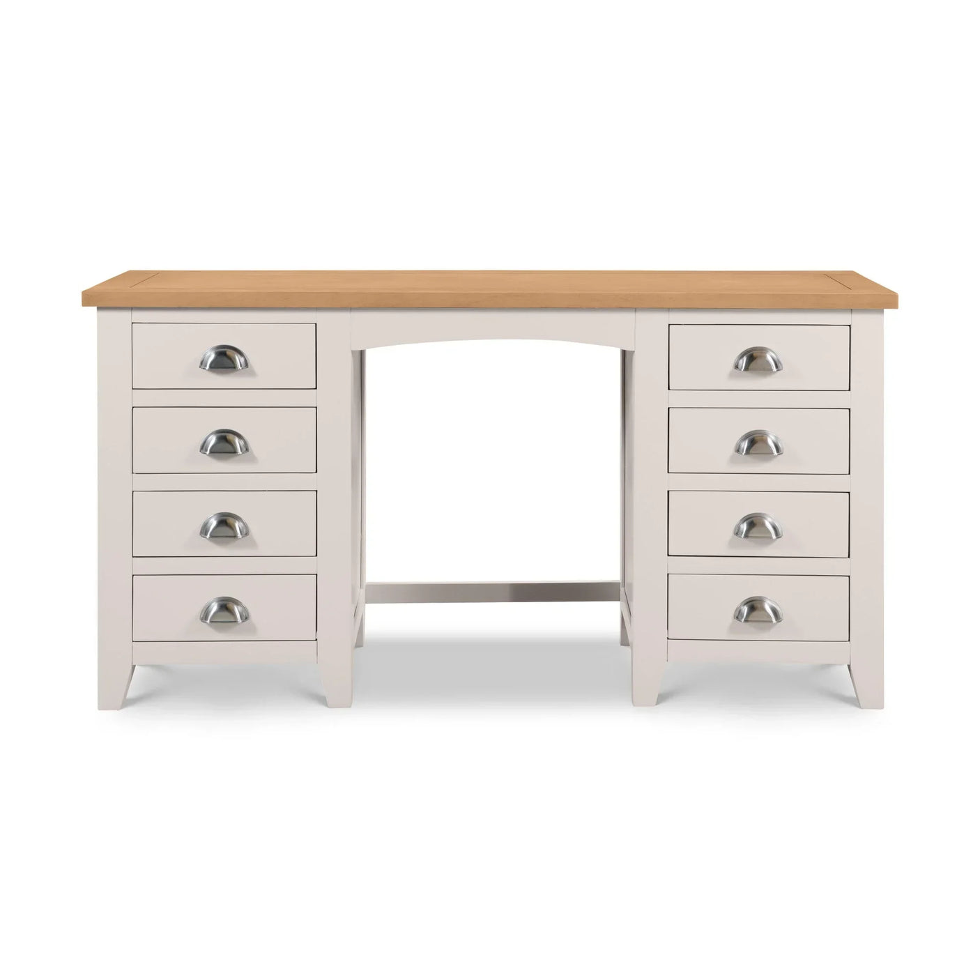 Cream painted wooden desk with oak top and six drawers, silver cup handles, front view