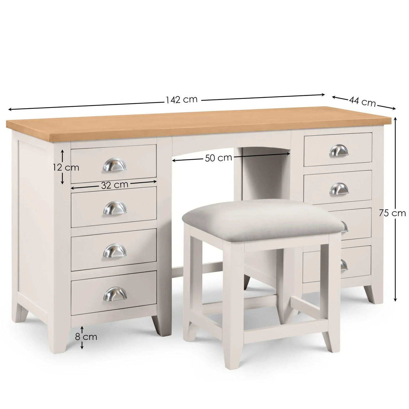 White wooden dressing table with stool, six drawers, and light oak top, detailed dimensions shown