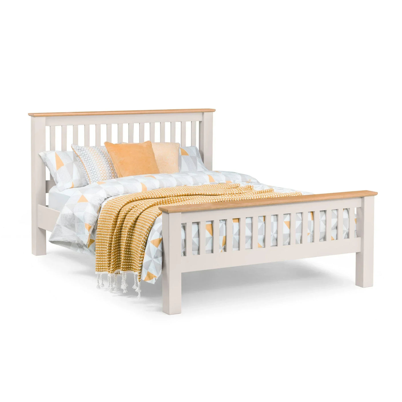 Slatted wooden bed frame with light finish, geometric bedding and yellow throw blanket