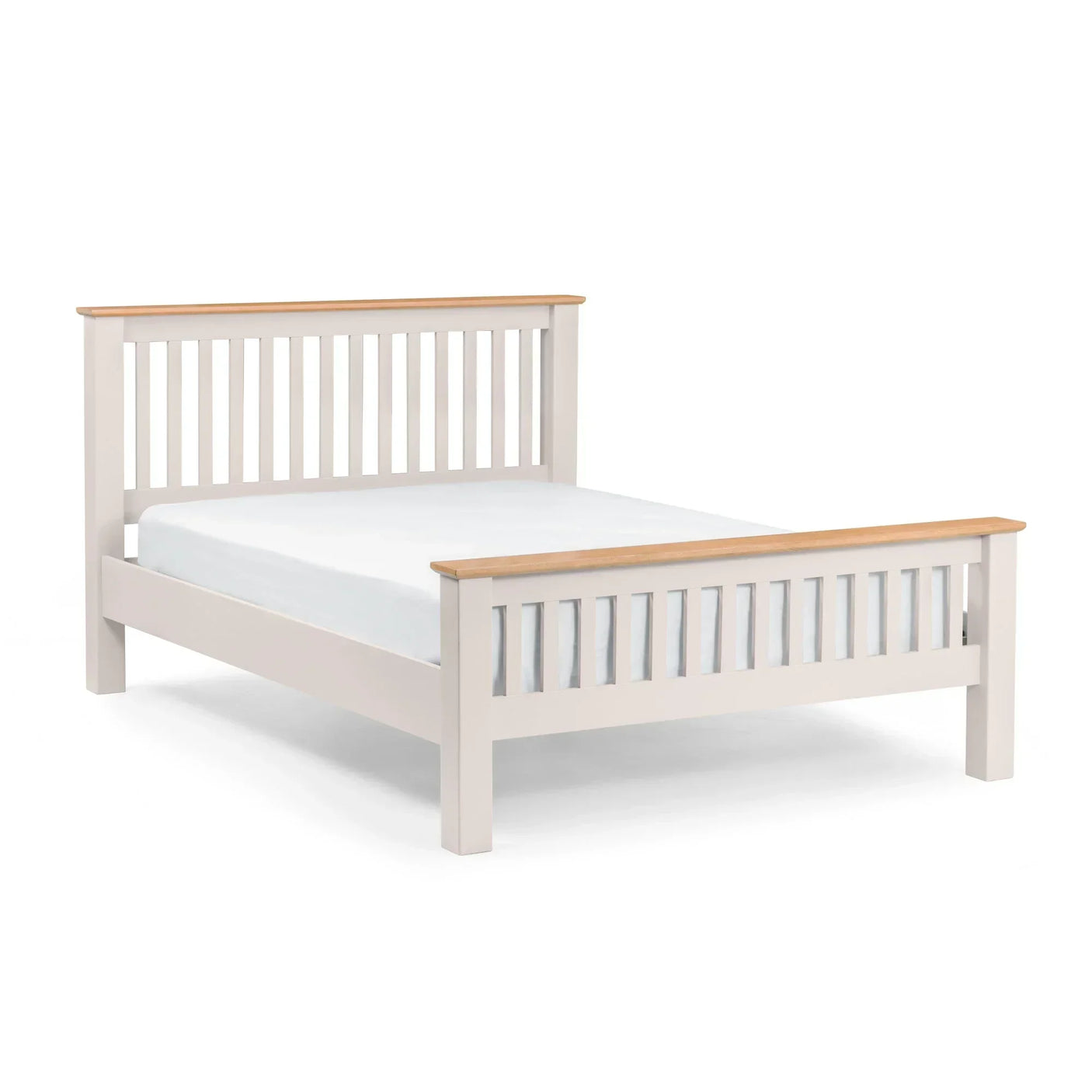 White wooden bed frame with slatted headboard and natural wood top panel