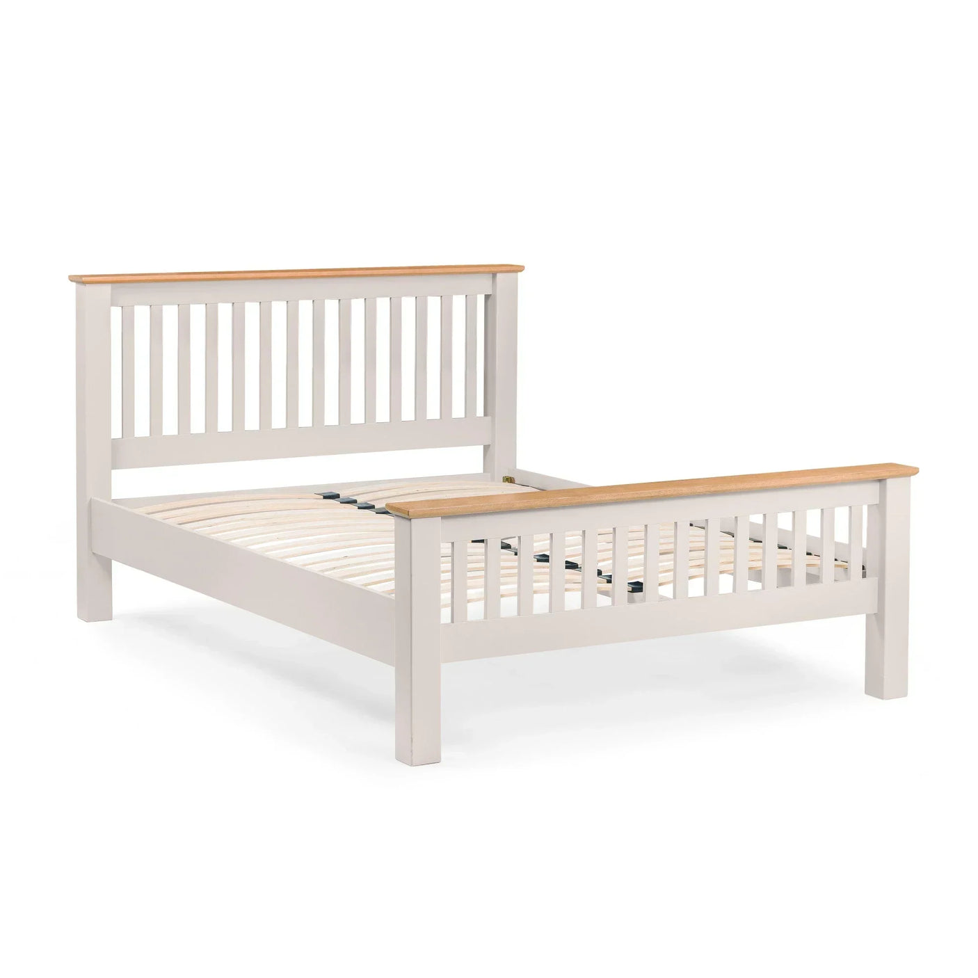 Wooden bed frame with slatted headboard and footboard in white and oak finish