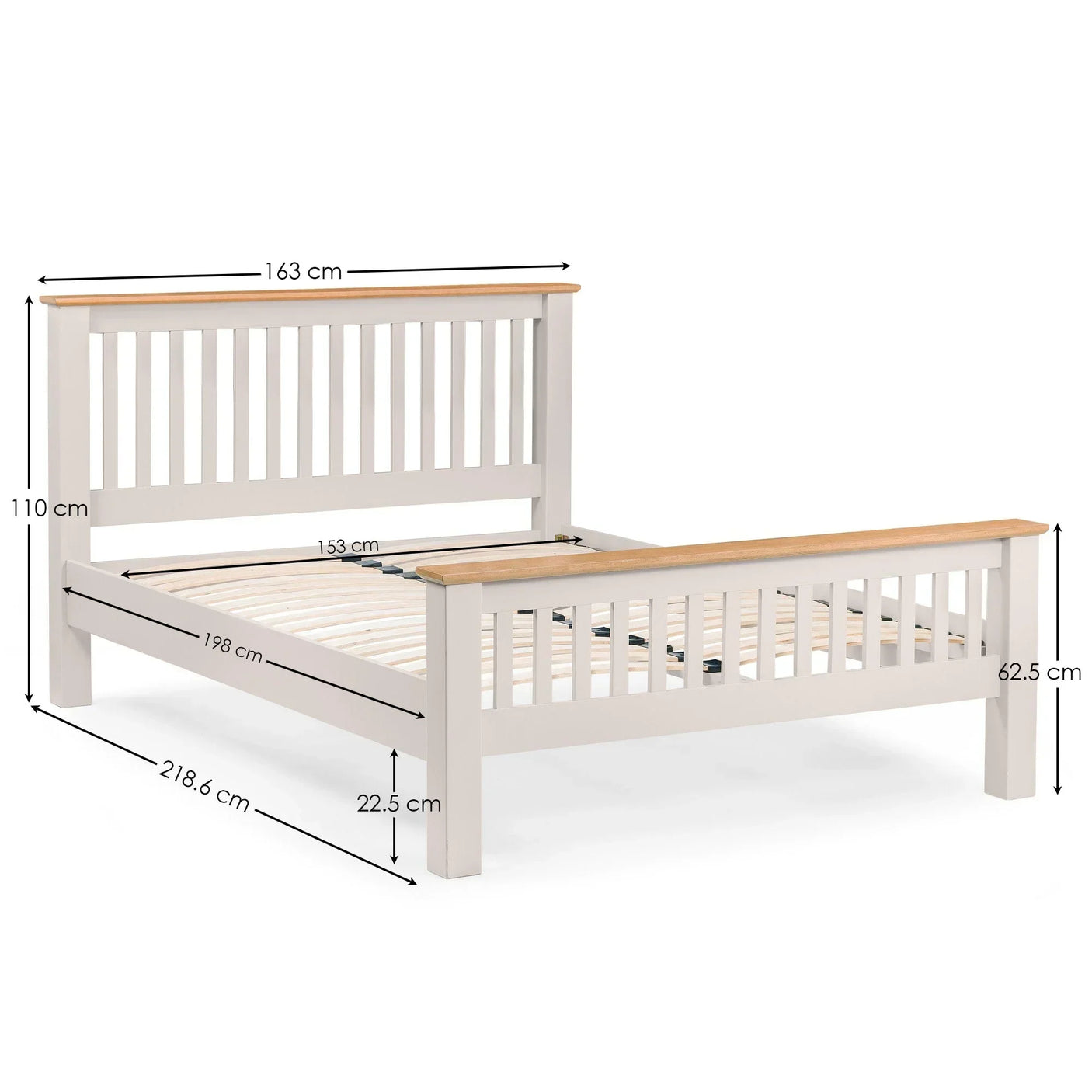 White wooden bed frame with slatted headboard, oak top edges, and visible dimensions