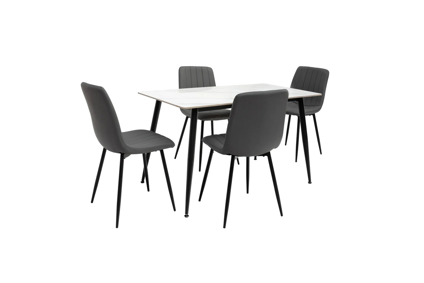 Rectangular dining table with marble-effect top and four grey upholstered chairs