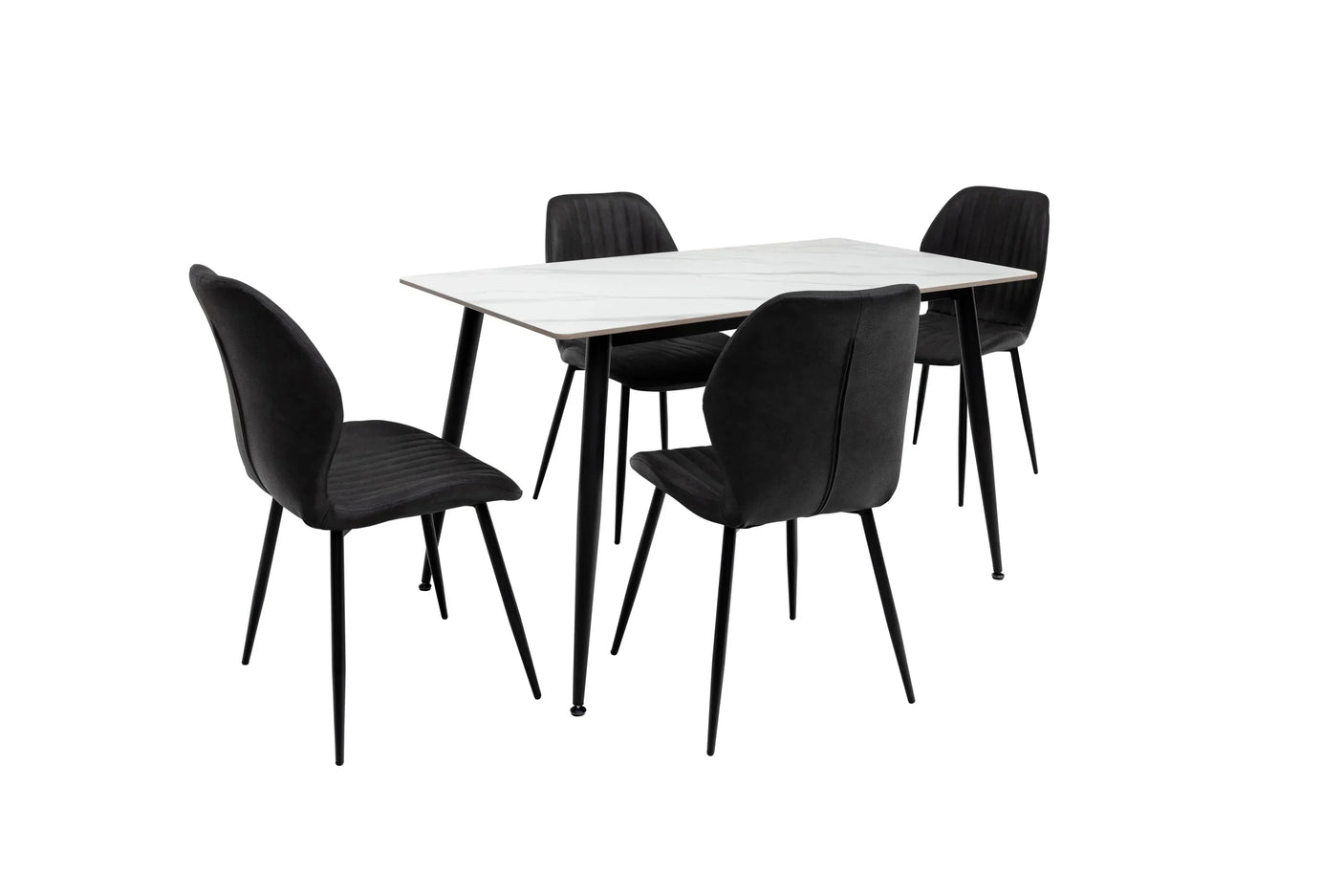 Black dining chairs with slim metal legs around white marble effect dining table