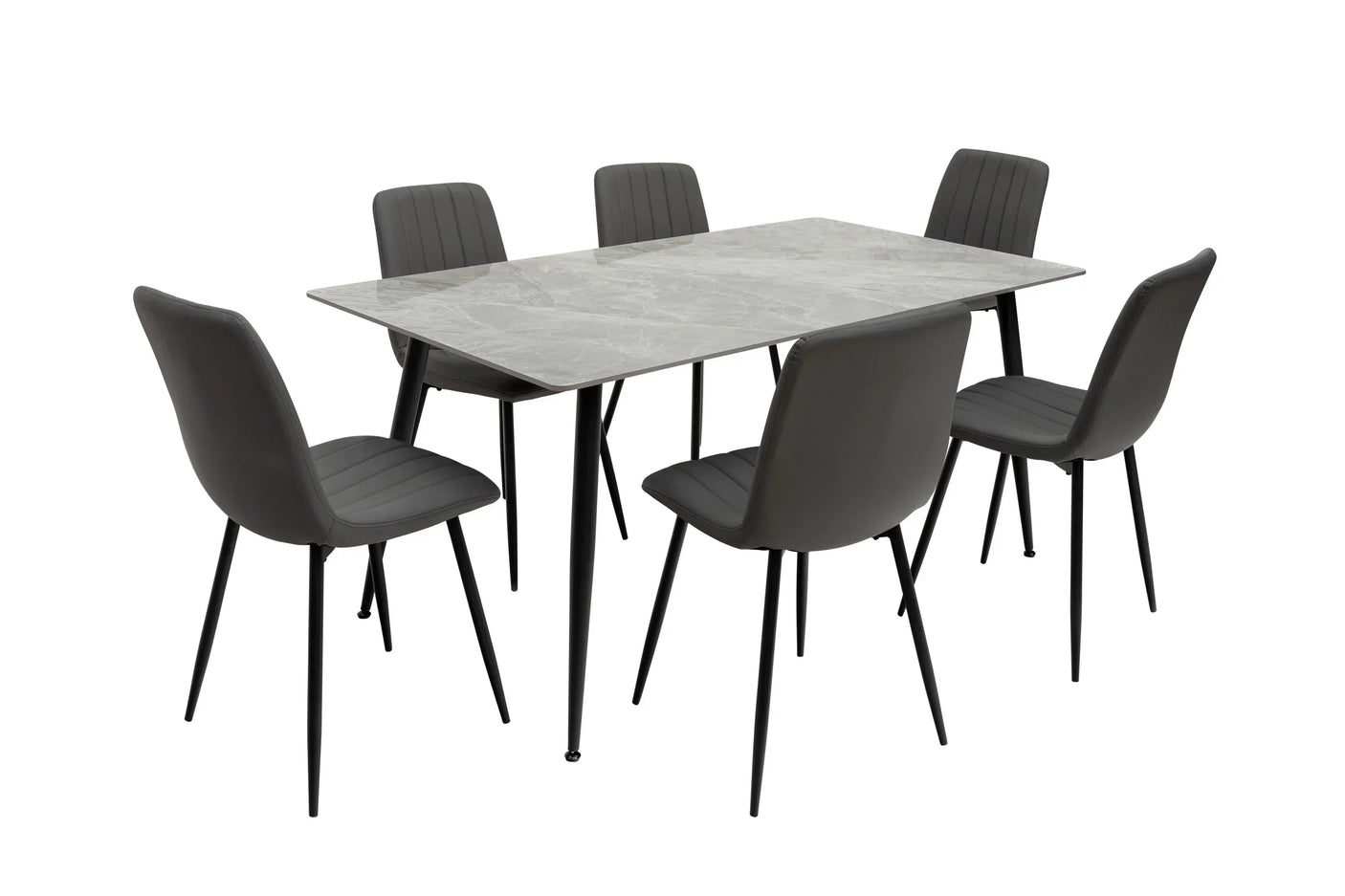 Grey dining set with six upholstered chairs and rectangular marble effect table