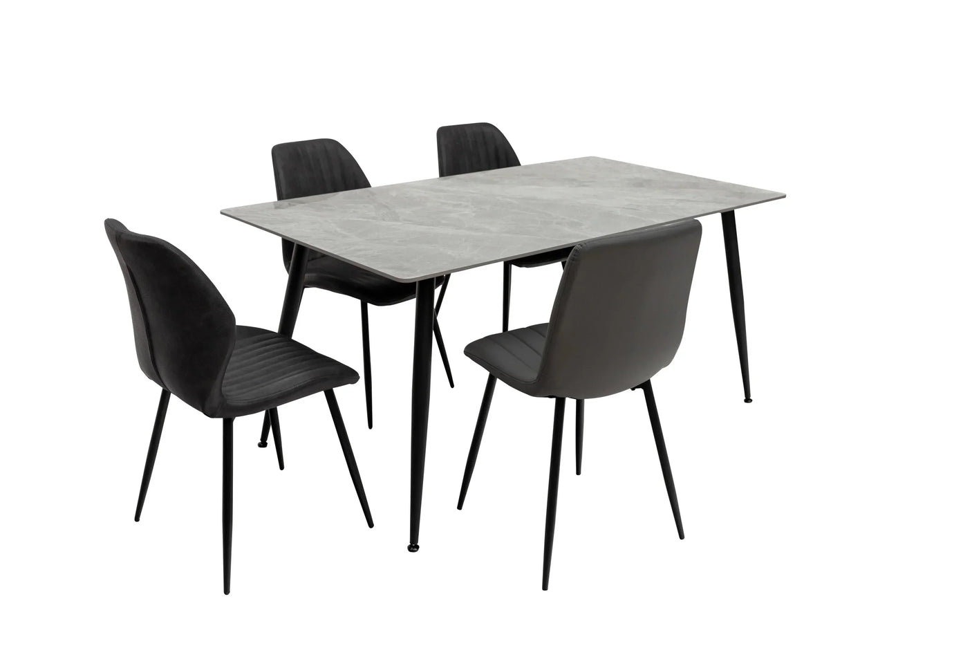 Grey marble effect dining table with four black upholstered dining chairs