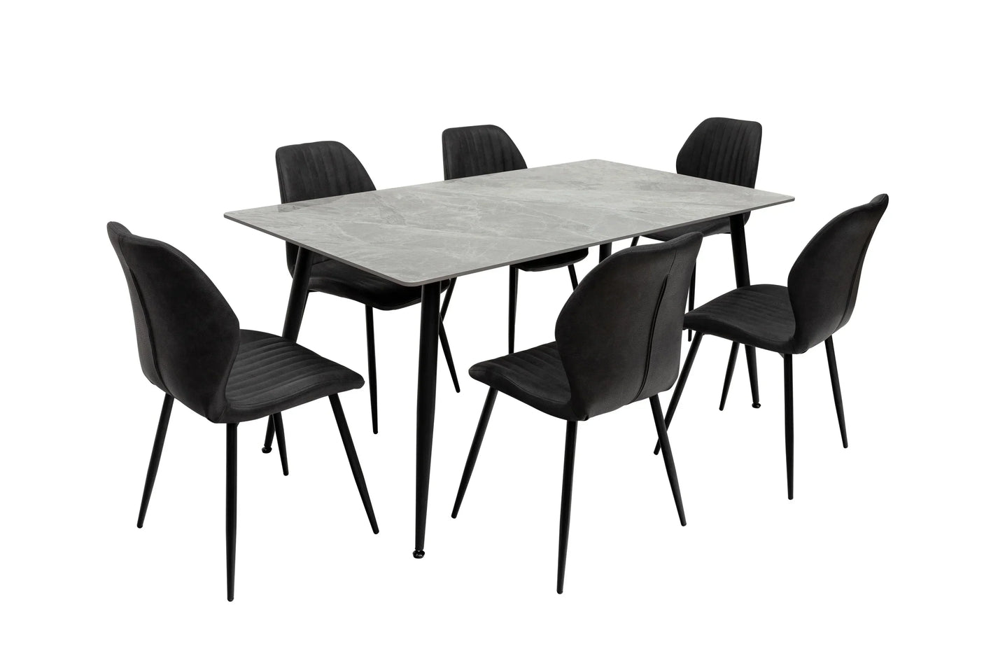 Modern dining chairs with black metal legs around a rectangular marble dining table
