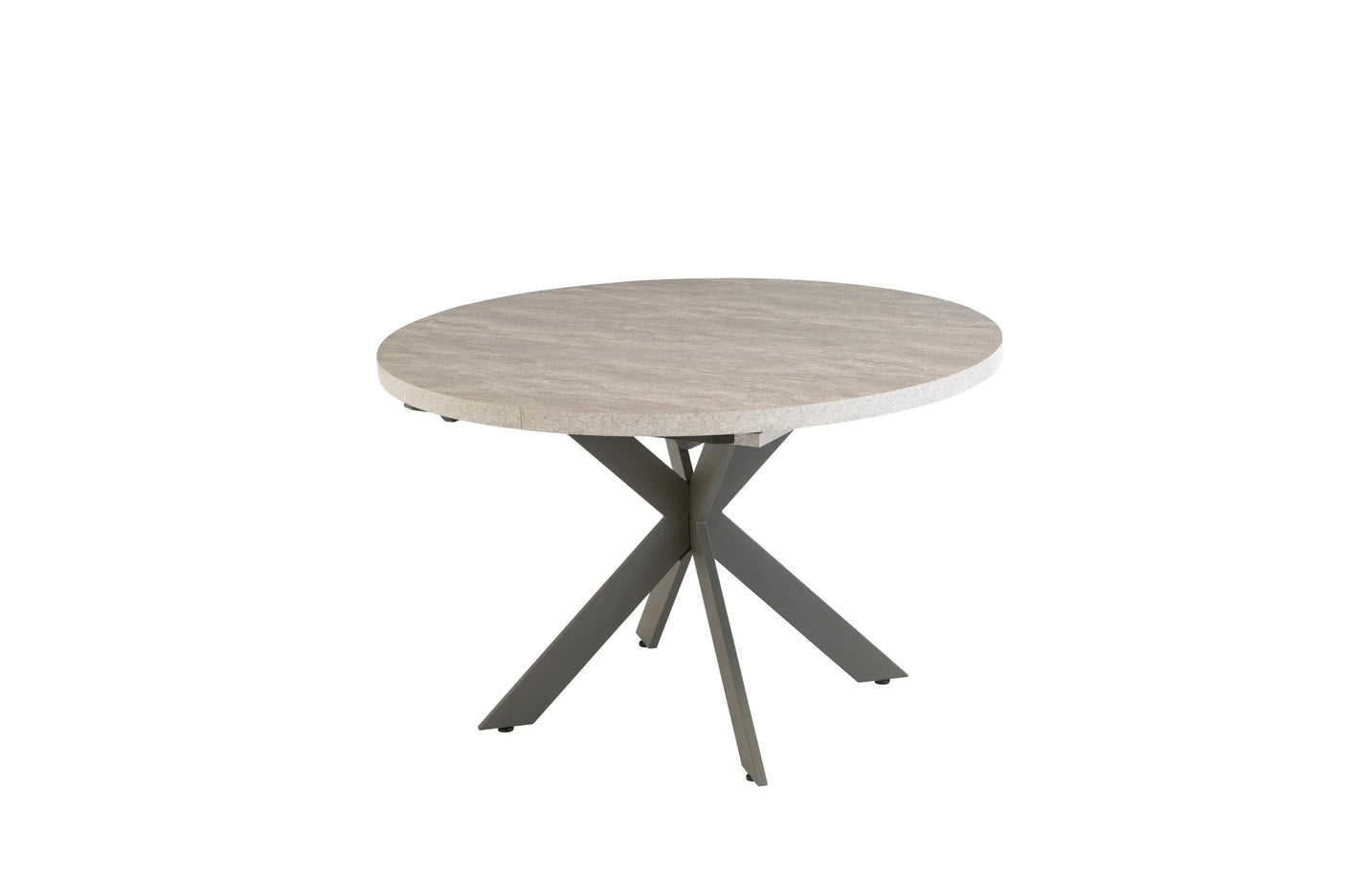 Round dining table with light wood finish and black crossed metal legs