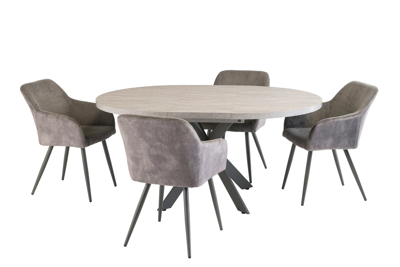 Round dining table with light grey top and four grey fabric chairs on metal legs