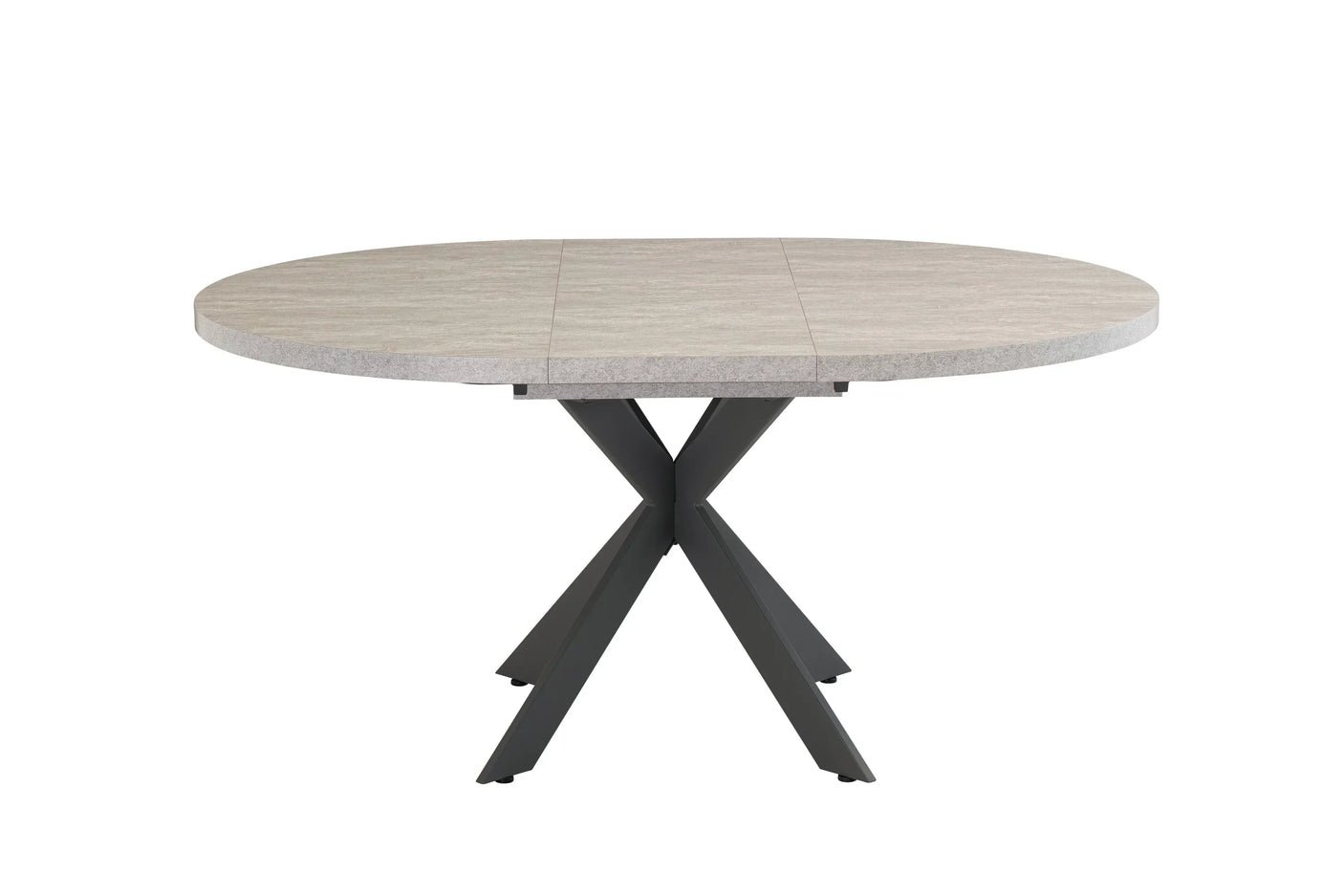 Round dining table with light stone-effect top and black metal crossed legs, front view