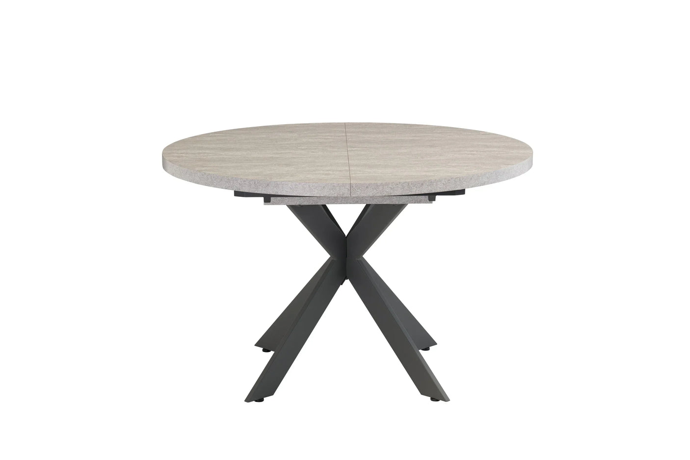 Round dining table with light stone-effect top and black crossed metal legs, front view