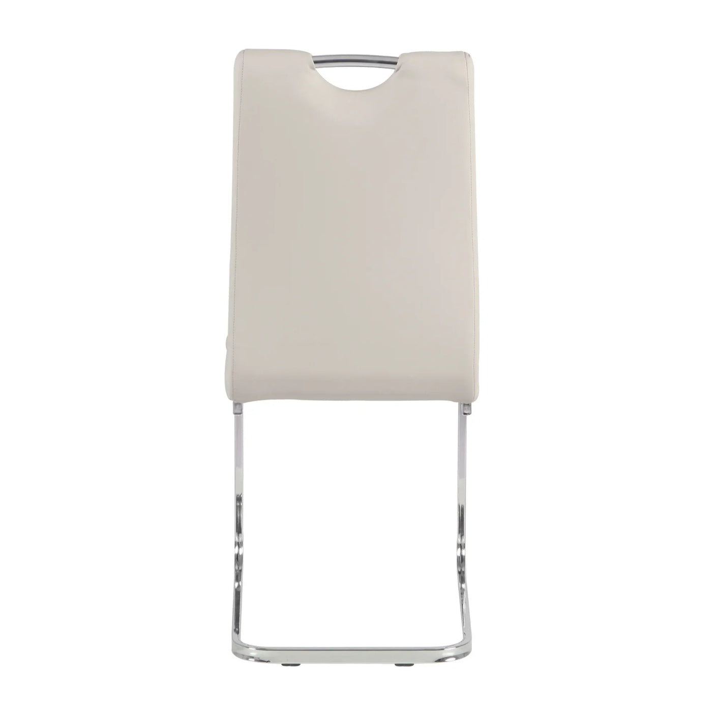 Cream dining chair with chrome cantilever legs and cutout handle, front view