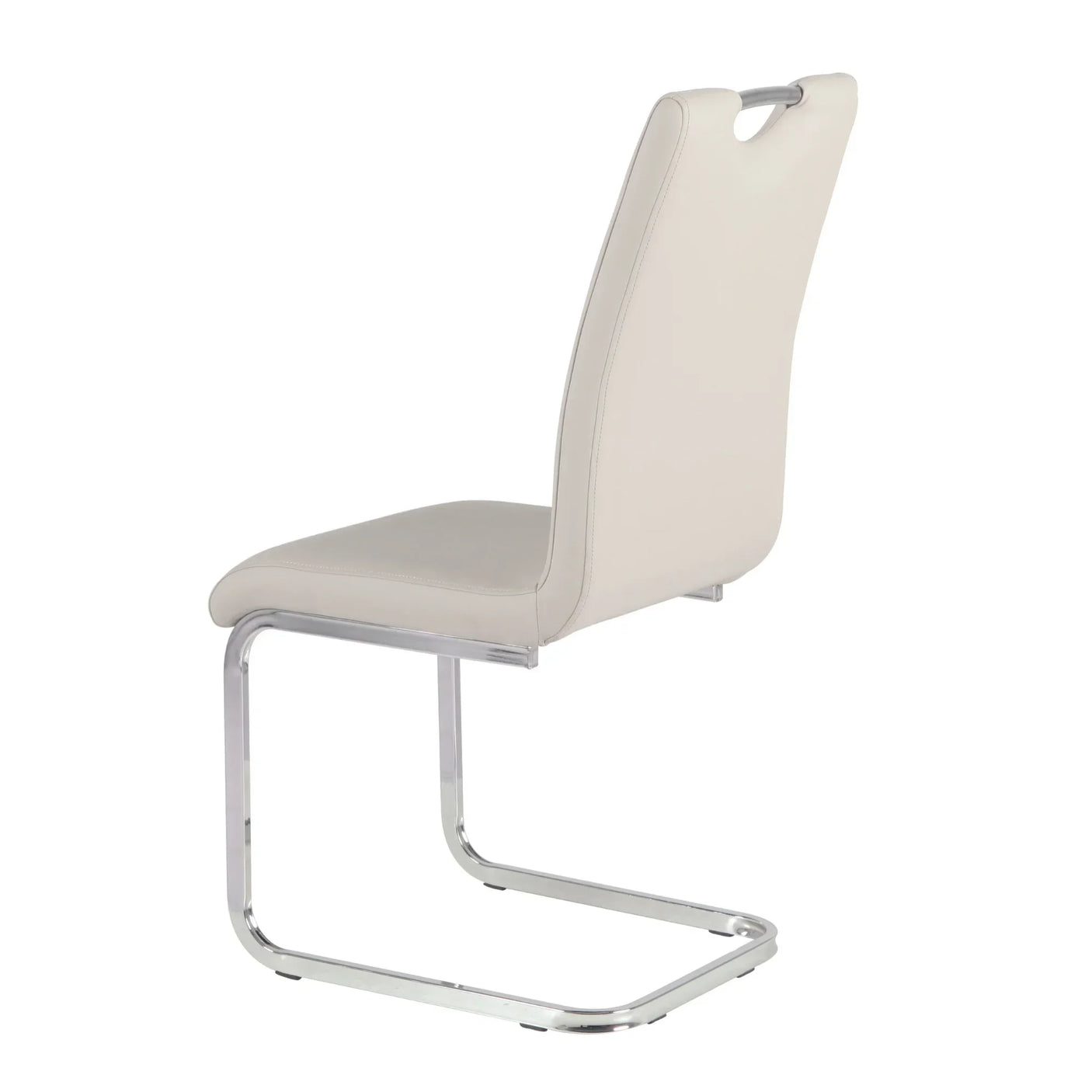 Beige dining chair with chrome cantilever base and integrated handle, rear angle view