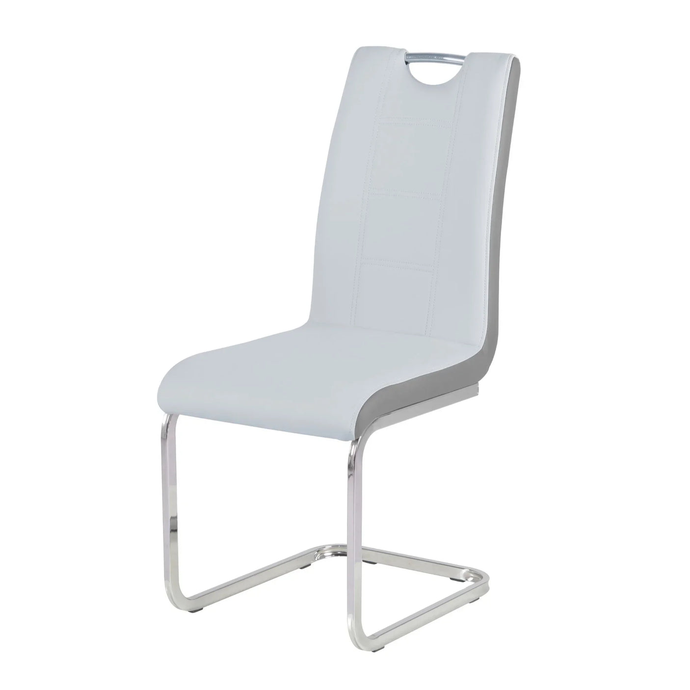 Modern dining chair with light grey faux leather seat and chrome cantilever legs