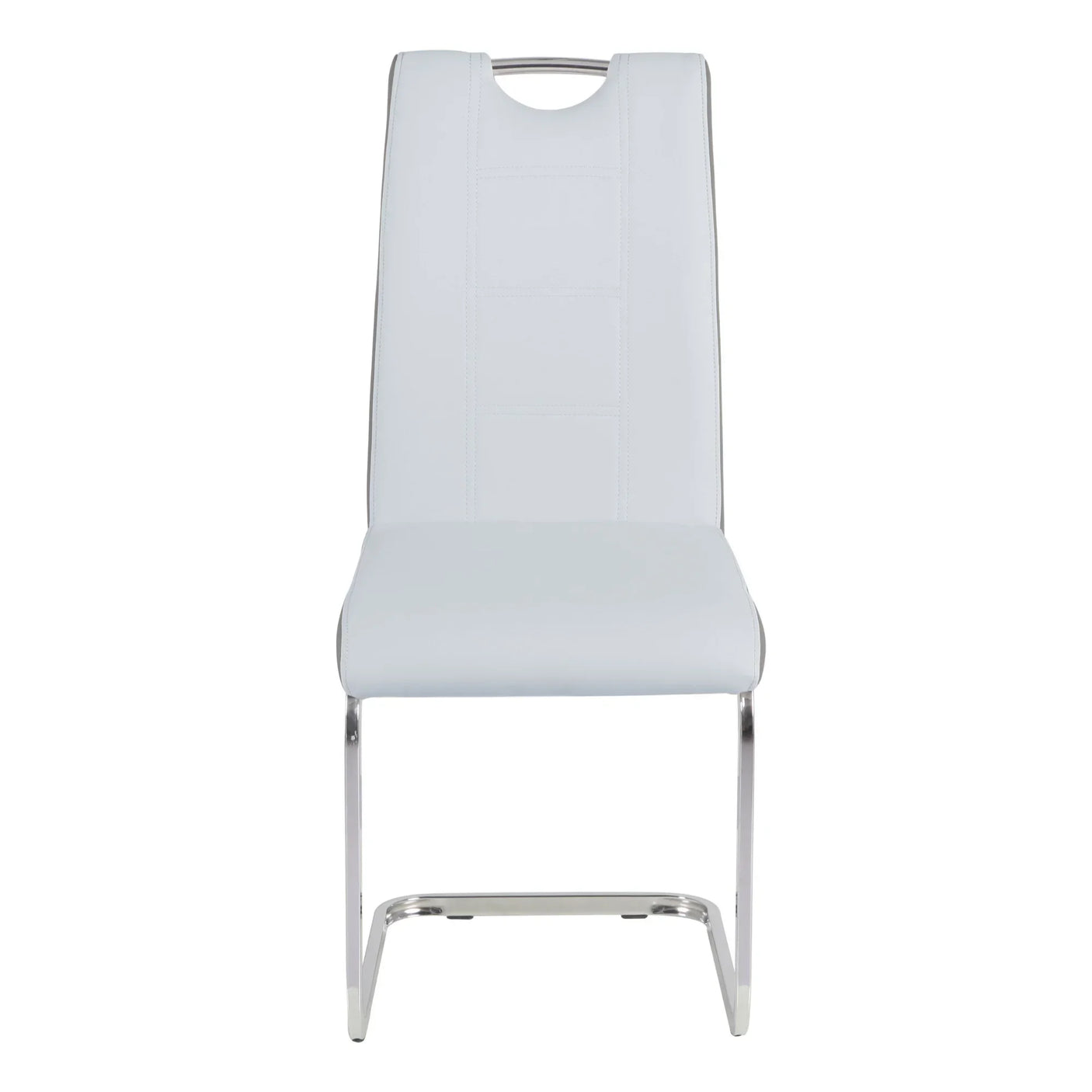 White dining chair with chrome cantilever legs and stitched detail on backrest, front view