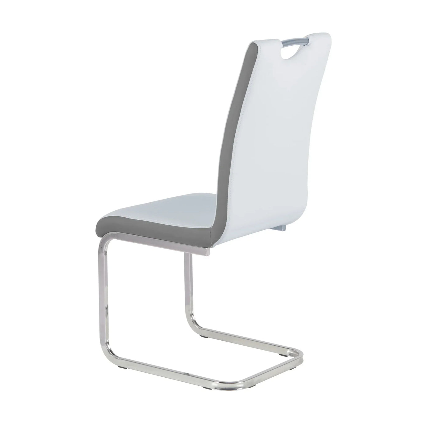 Modern dining chair with white and grey faux leather and chrome cantilever base, rear view