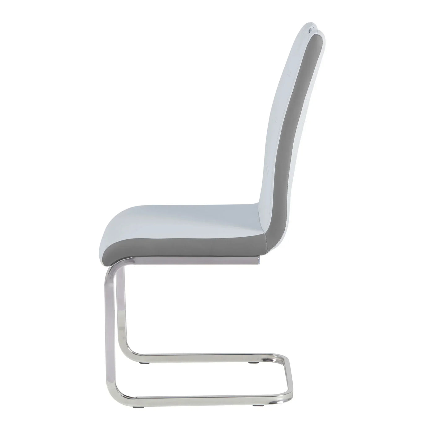 Grey dining chair with chrome cantilever base, side profile view