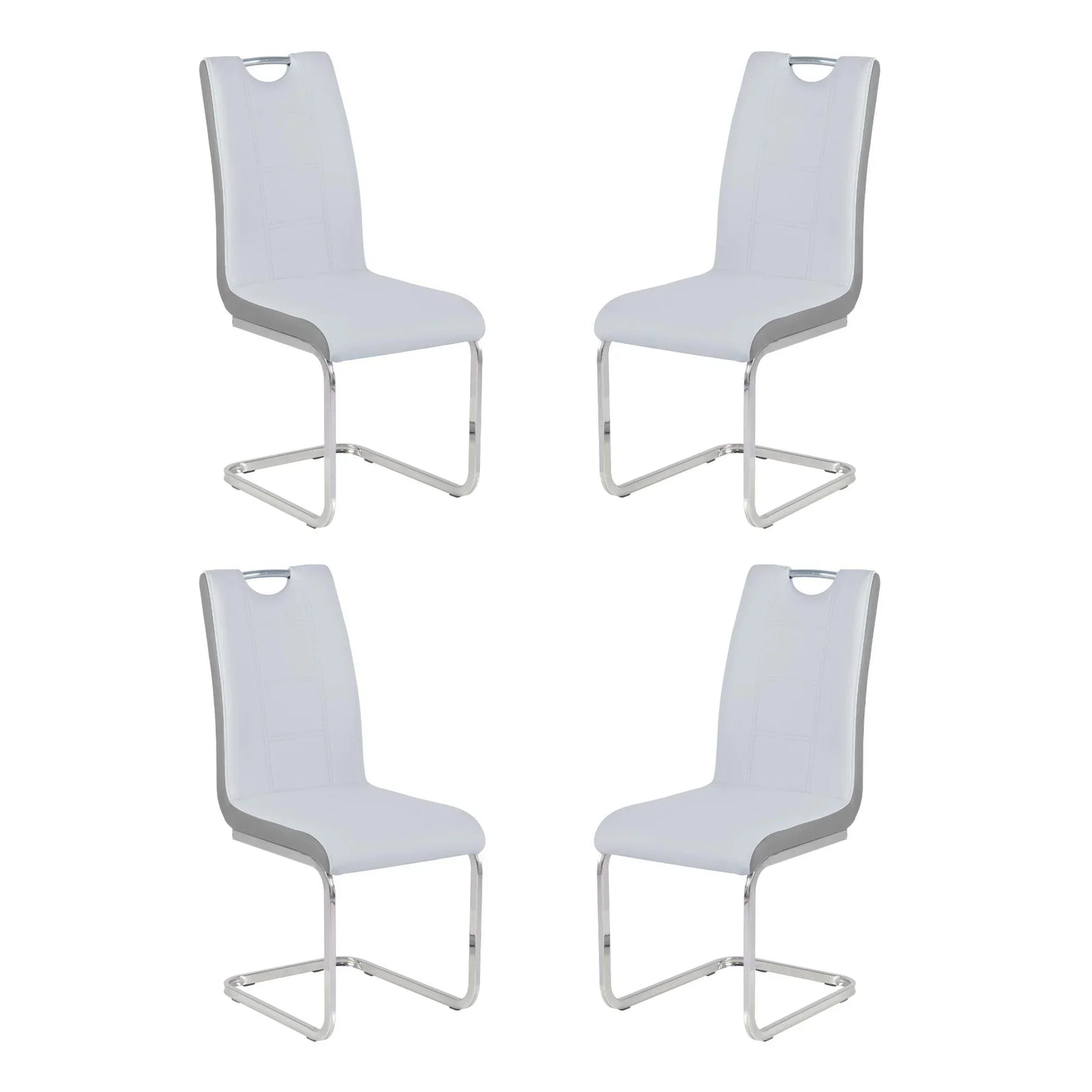 Set of four white dining chairs with chrome cantilever legs and stitched backrest details