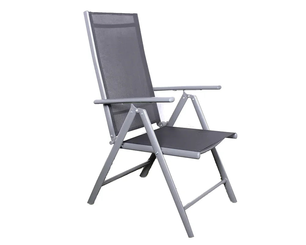 Grey outdoor folding chair with metal frame and mesh seat, angled side view