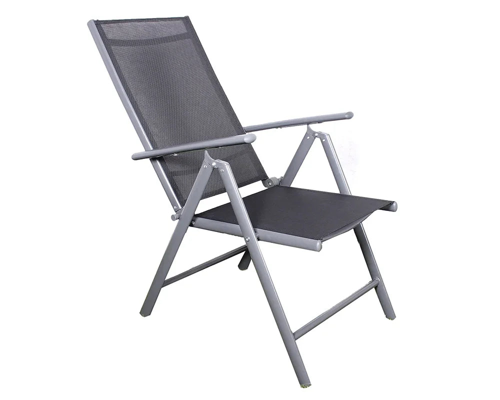 Grey metal folding garden chair with mesh seat and backrest angled to the side
