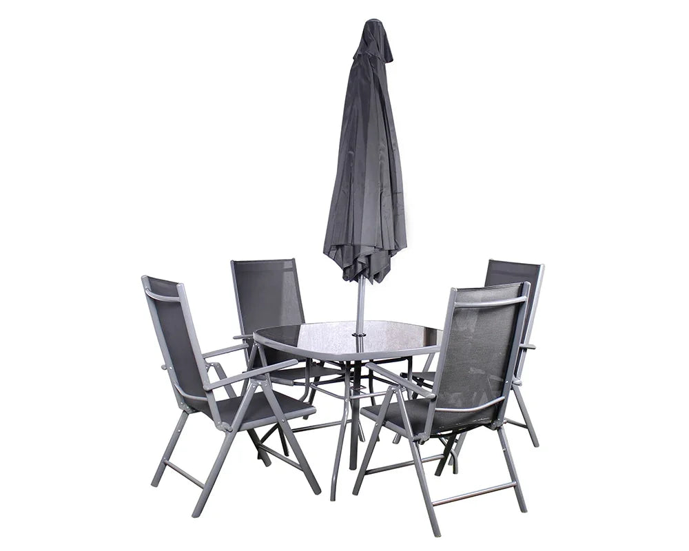 Grey outdoor dining set with glass table, four mesh chairs and closed patio umbrella