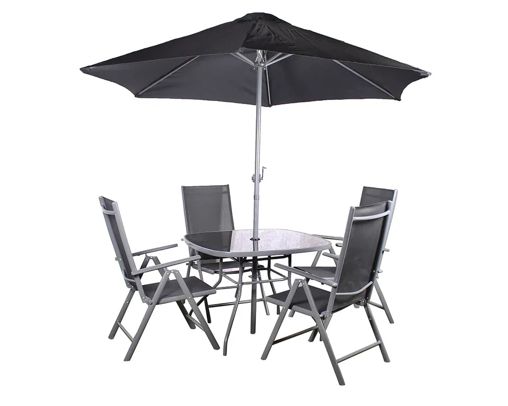 Grey outdoor dining set with four chairs, glass table, and black parasol