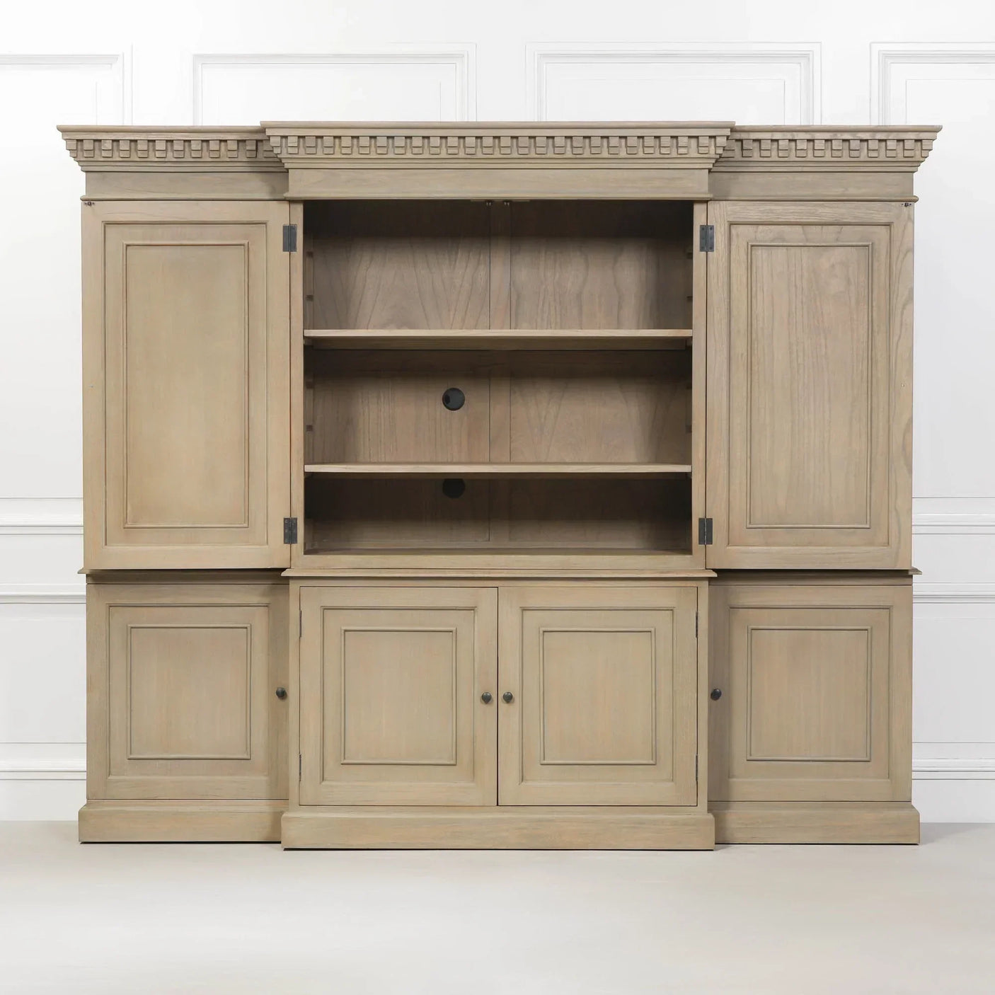 Large wooden display cabinet with open shelves and closed storage doors in natural finish