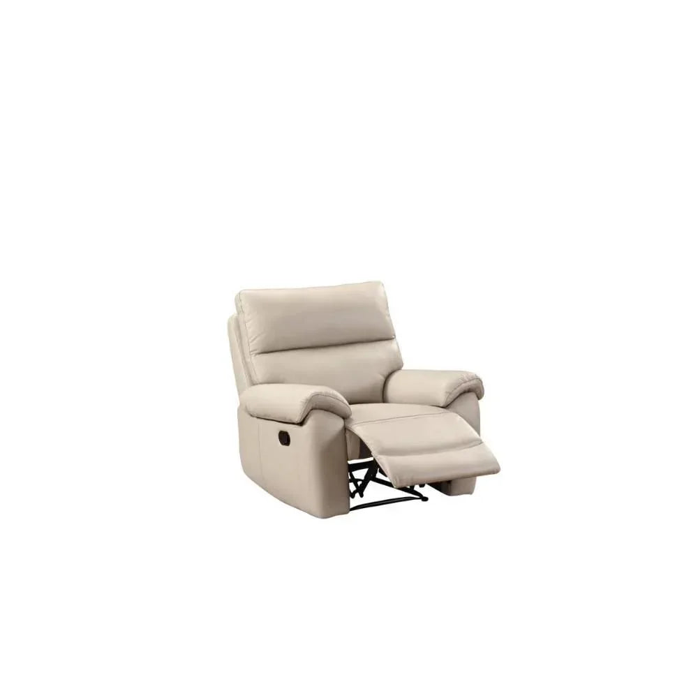 Beige recliner armchair with extended footrest and padded arms on white background