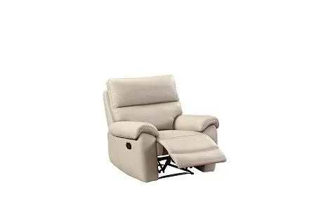 Beige recliner chair with extended footrest and padded armrests on white background