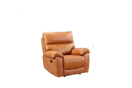 Tan leather recliner chair with padded arms and manual recline lever front view