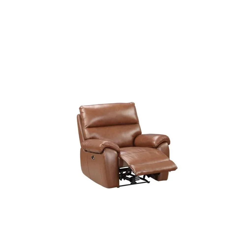 Brown leather recliner chair with extended footrest on white background