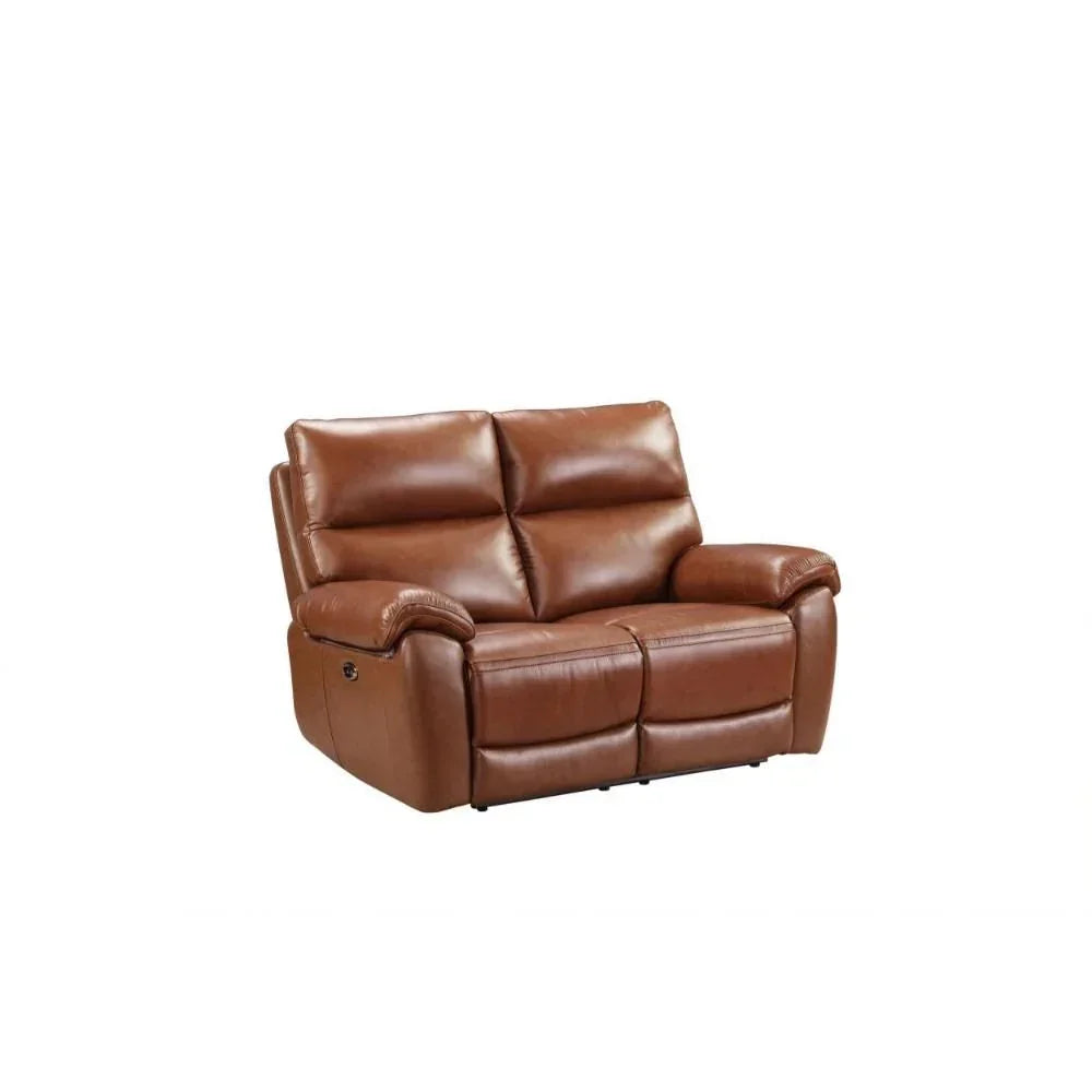 Brown leather recliner sofa with padded armrests and high back on white background