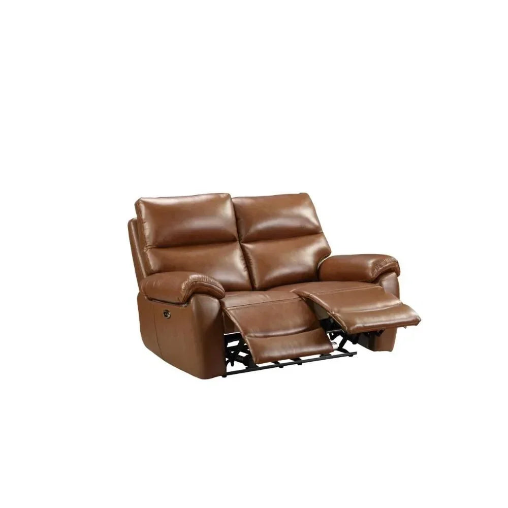 Brown leather recliner sofa with one seat extended, front angle view