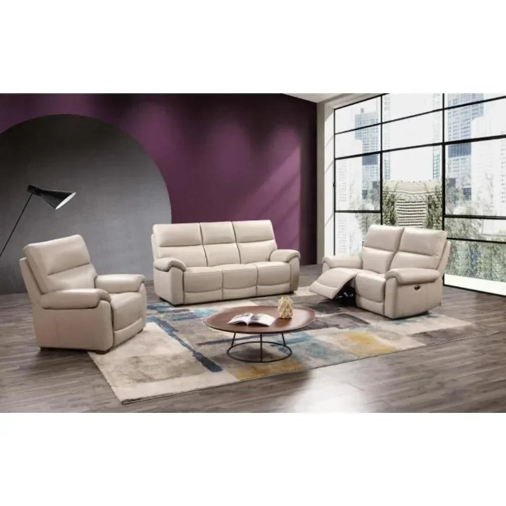 Beige leather recliner sofa set with armchair and coffee table in modern living room