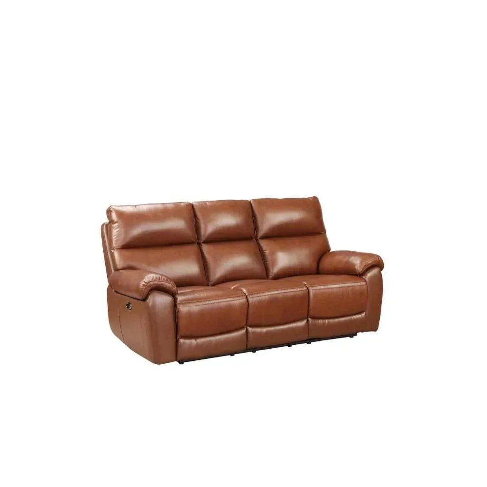 Brown leather recliner sofa with padded seats and armrests, front view on white background